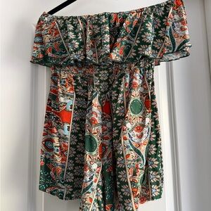 Off-Shoulder Green Paisley Print Romper
